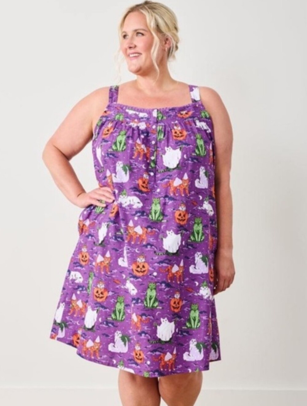Printfresh Halloween House Cats Back to Bed Nightgown Organic Cotton Size Medium